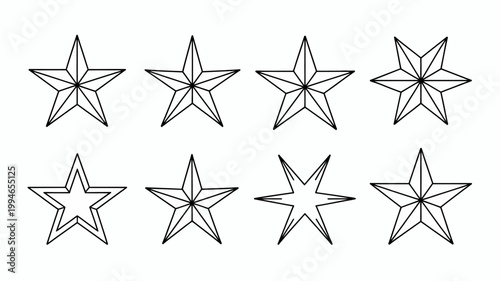 A collection of eight simple black and white star illustrations are arranged on a plain white background showcasing various point counts high quality professional detailed modern