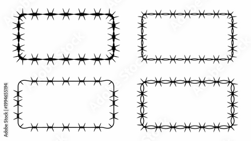 This image displays four rectangular frames constructed from sharply pointed black barbed wire arranged in a two by two grid high quality professional detailed modern elegant