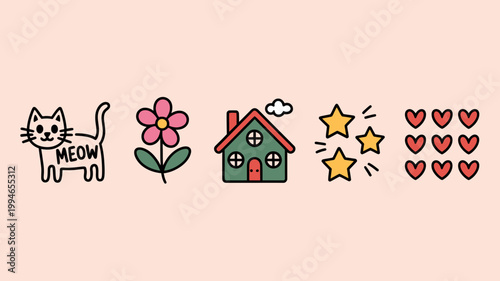 A charming collection of hand drawn icons depicts a cat flower house stars and hearts on a soft pink background high quality professional detailed modern elegant