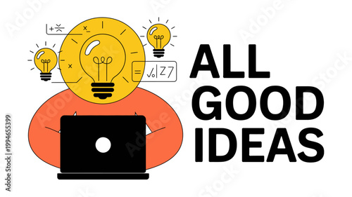 A person with a lightbulb head works on a laptop surrounded by ideas and mathematical symbols conveying innovation and problem solving high quality professional detailed modern