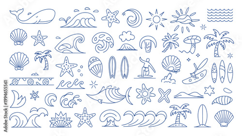 A collection of hand drawn blue line art icons depicts various ocean and tropical elements including marine life plants and recreational items high quality professional detailed