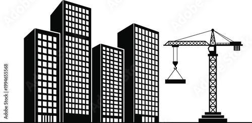Modern City Buildings Construction Site with Tower Crane Lifting Concrete Block, Urban Development Real Estate Project Minimalist Black Vector Silhouette