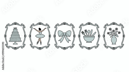 A series of five ornate grey illustrations depict a tiered cake ballerina bow dining utensils and a floral arrangement high quality professional detailed modern elegant stylish
