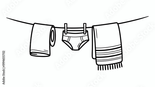 A simple black and white line drawing depicts freshly laundered clothes hanging on a clothesline including a towel underwear and toilet paper high quality professional detailed