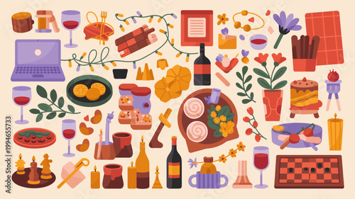 A vibrant flat lay illustration depicts a festive holiday gathering with food drinks gifts and leisure activities high quality professional detailed modern elegant stylish clean crisp