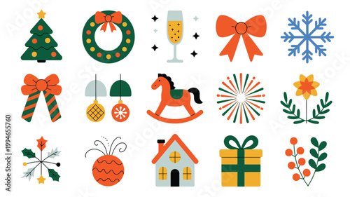 A colorful assortment of festive illustrations depicts various christmas and new year elements including ornaments gifts and celebratory icons high quality professional detailed modern elegant stylish