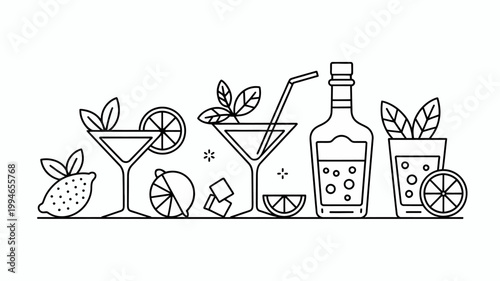 A minimalist line art illustration displays various cocktail ingredients and glasses including citrus fruits mint and bottles high quality professional detailed modern elegant stylish clean crisp