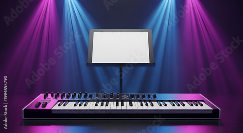 Electronic keyboard on stage with spotlight.