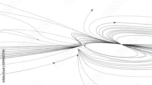 An abstract depiction of chaotic dynamics is shown through a complex network of curved lines and arrows suggesting flow and movement high quality professional detailed modern