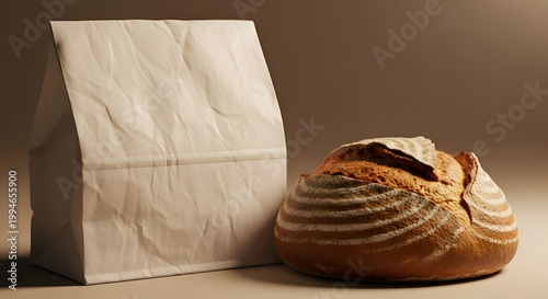 Bread and paper bag on table.