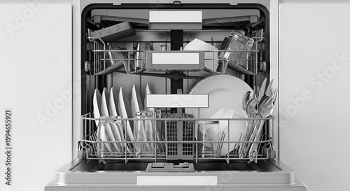 Dishwasher interior with clean dishes.