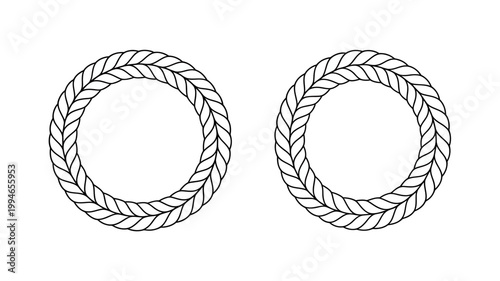 This image depicts two circular frames created from tightly woven rope or cord presented in a simple black and white line drawing high quality professional detailed