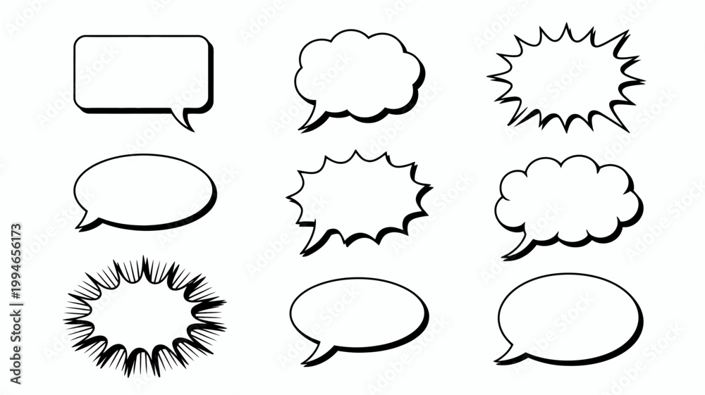 Fototapeta premium A collection of various black and white speech bubbles and explosion graphics representing dialogue and sound effects high quality professional detailed modern elegant stylish clean crisp