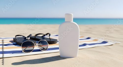 Sunscreen bottle on beach towel.
