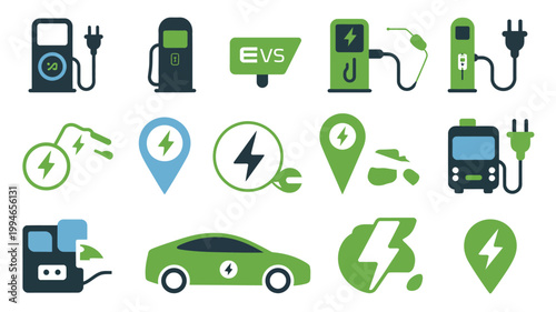 An assortment of electric vehicle charging stations icons and a car are displayed in a flat colorful and illustrative style high quality professional detailed modern elegant