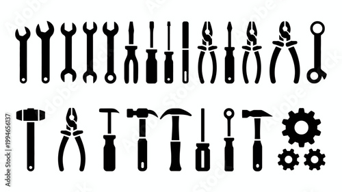 A collection of black silhouette tools is displayed including wrenches screwdrivers pliers hammers and various other hardware implements high quality professional detailed modern elegant stylish clean