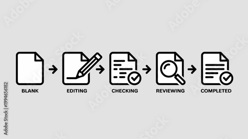 A sequence of icons illustrates a document workflow progressing from a blank page to a completed checked version high quality professional detailed modern elegant stylish clean