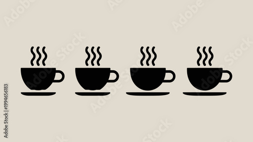 A minimalist illustration depicts four black coffee cups in a row each emitting steam against a pale beige background high quality professional detailed modern elegant stylish
