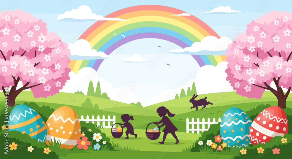 Fototapeta premium Colorful vector illustration of abstract Easter scene with a rainbow, decorated eggs, and children gathering eggs in a modern digital art style for a festive background