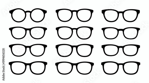 A collection of twelve different black eyeglasses are displayed against a plain white background in a grid pattern high quality professional detailed modern elegant stylish clean