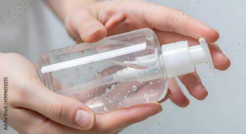 Hands holding transparent hand sanitizer bottle.