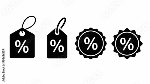 Four black and white icons depict percentage discounts featuring tag and circular badge shapes symbolizing sales and promotional offers high quality professional detailed modern elegant stylish