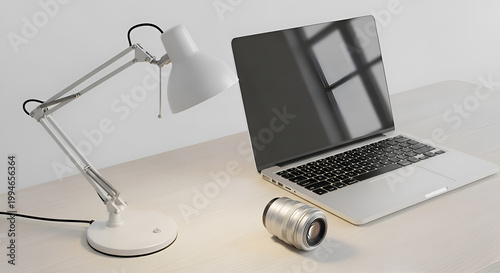 Laptop computer with desk lamp and can.
