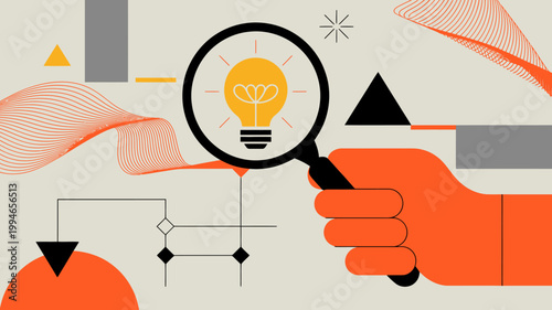 An illustration depicts a magnifying glass focusing on a glowing lightbulb surrounded by abstract geometric shapes and vibrant colors high quality professional detailed modern elegant stylish