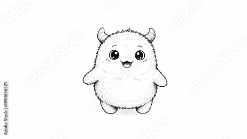 Adorable fluffy monster with horns and big eyes smiles happily