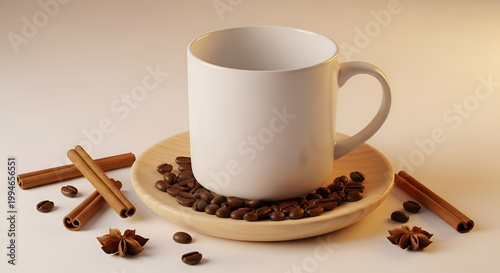 White coffee cup with cinnamon sticks.