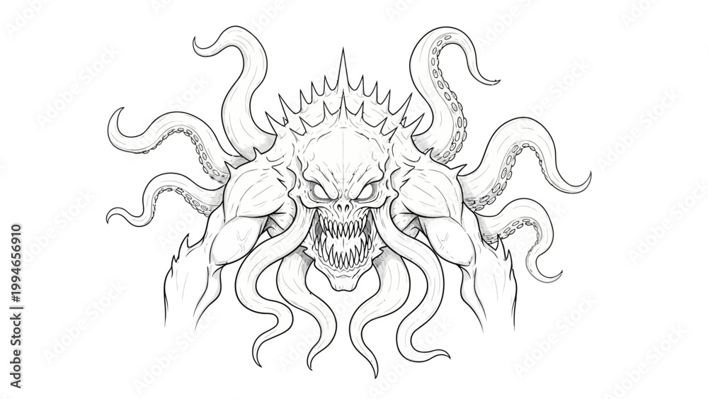 Fototapeta premium Black and white line art of a monstrous skull creature with many tentacles