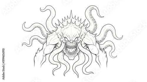Black and white line art of a monstrous skull creature with many tentacles
