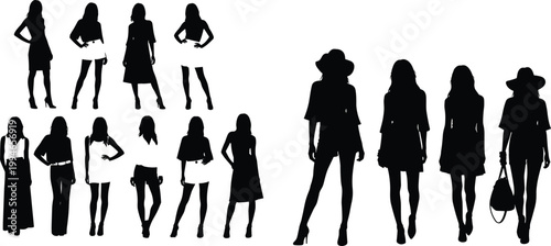 Fashionable Women Silhouette Collection Featuring Diverse Female Models in Stylish Outfits Trendy Poses and Elegant Summer Apparel for Commercial Graphic Design