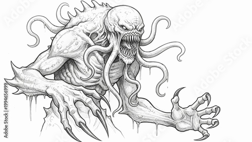 Black and white sketch of a scary eldritch horror monster with tentacles and sharp claws