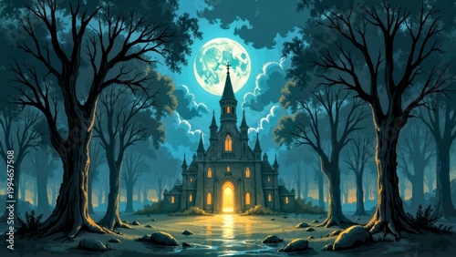 Haunted Castle in Forest Under Full Moon