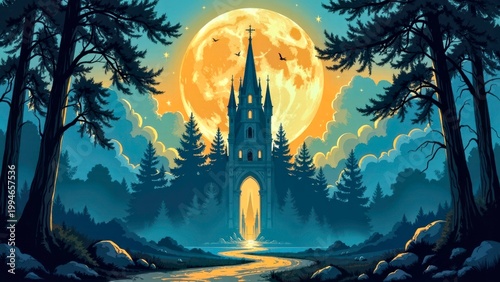 Mystical Gothic Tower Under Full Moon