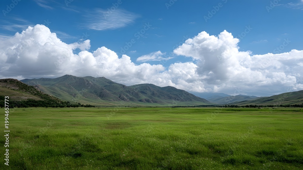 Fototapeta premium A sweeping vista of a lush green meadow set against distant rolling mountains under a dramatic blue sky