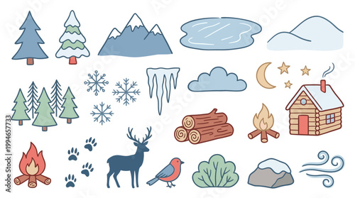 Winter forest elements snowflakes deer bird campfire logs house trees mountains clouds moon stars ice snow frost cold weather nature wilderness scenery seasonal frosty frozen wintertime snow-covered p
