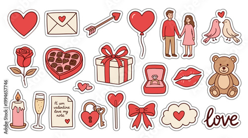 Valentine's Day stickers featuring romantic symbols and gifts for lovers including hearts couples teddy bears and tokens of affection. Element Set Element Bundle