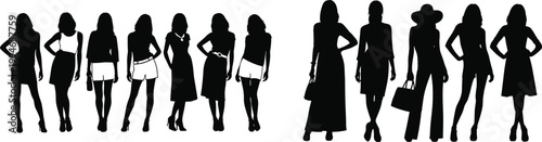 Fashionable Women Silhouettes Set with Diverse Clothing Styles, Elegant Models Posing in Summer Outfits and Streetwear, Minimalist Black Vector Illustration