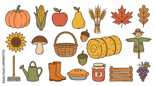 Harvest season icons including fruits vegetables gardening tools and scarecrow on a leafy autumn theme for Thanksgiving and fall celebrations Element Set Element Bundle