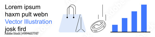 Online shopping, financial growth, retail economy, business analytics, market trends, prosperity. Shopping bag, falling coin and upward bar graph. E-commerce and financial growth