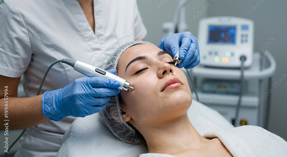 Naklejka premium Woman receiving facial treatment by esthetician. Beauty clinic procedure for skin rejuvenation and care. Modern cosmetology concept.