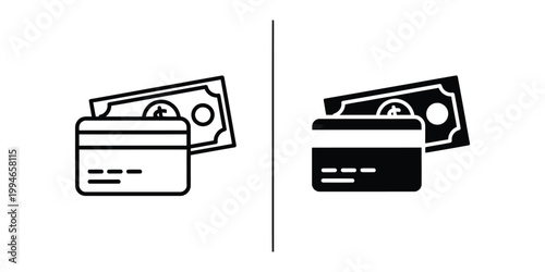 Credit card and banknote outline and solid black payment symbols