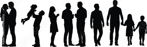 Happy Family and People Silhouette Collection Featuring Romantic Couples Parents Playing With Children Friends Talking and Father Walking With Kids