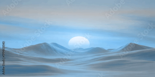 A serene winter mountain landscape under a vibrant sunset sky with glowing orange clouds reflecting over the calm blue ocean at dusk