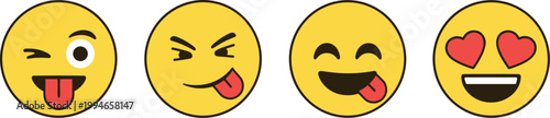 Funny emoji faces set with playful expressions including wink tongue out laughing and love eyes cartoon vector illustration icons