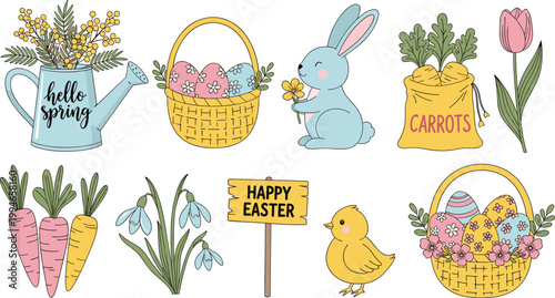 Easter spring elements collection with bunny eggs flowers carrots chick basket and seasonal decorations cute vector illustration set
