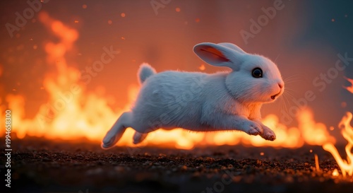 Cute white rabbit running from a burning fire. Animal in danger. Wildlife rescue concept. Escape from wild disaster.