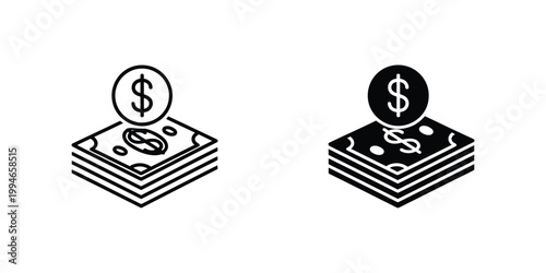 Isometric stack of banknotes with dollar coin black and white